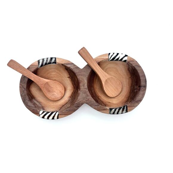 OLIVE WOOD BONE DOUBLE BOWL elm ARI spoons inlay sourced olivewood Kenya west EC - Picture 1 of 16